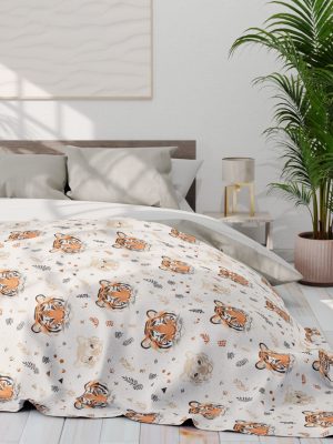 12105827441802615735_2048.jpeg Tiger Motif Fleece Blanket with Indian Geometric Patterns - Soft Orange, Cream, Blush Palette - Elegant and Subtle Design