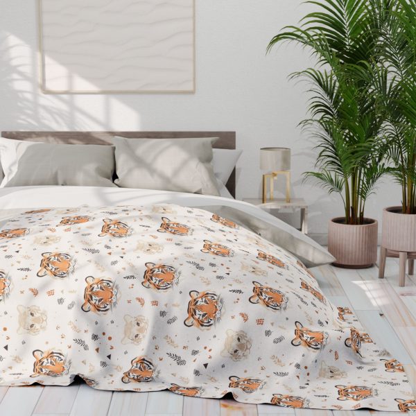 12105827441802615735_2048.jpeg Tiger Motif Fleece Blanket with Indian Geometric Patterns - Soft Orange, Cream, Blush Palette - Elegant and Subtle Design