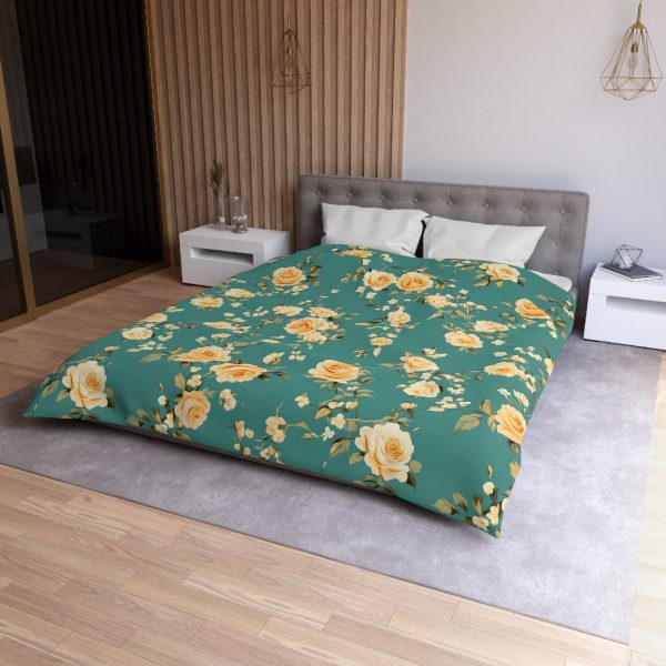 Vintage-Style Floral Microfiber Duvet Cover - Peach & Mustard Roses on Teal - Lightweight & Breathable - Invisible Zipper - Ideal for Indian-Inspired Bedroom Decor & Gifting