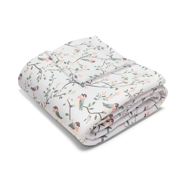 Warli Art Inspired Fleece Blanket - Minimal Sparrow Design in Cream, Pink, Mint | Cultural Sophistication for Home Decor