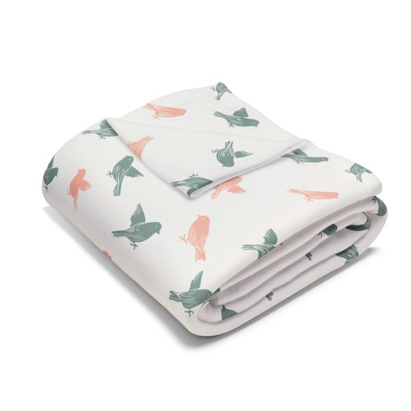Warli Art Inspired Sparrow Fleece Blanket - Cozy Minimal Design in Cream, Soft Pink, Mint - Cultural Sophistication for Sofa or Bed