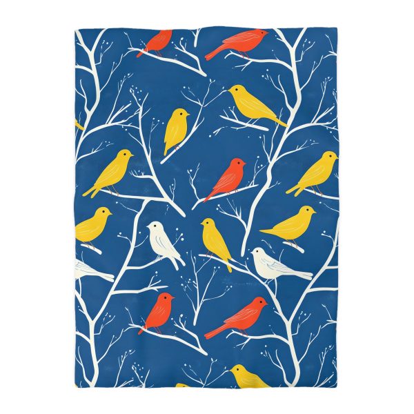 13573437520511433356_2048.jpeg Mid-Century Modern Vintage Bird Illustration on Blue Background - Yellow, Orange, Red Silhouettes