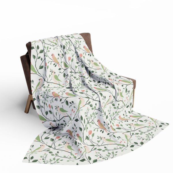 13662214181546114935_2048.jpeg Indian Folk Art Inspired Fleece Blanket - Parrot Design in Soft Green, Pink, and Cream - Decorative & Cozy Home Accent Piece