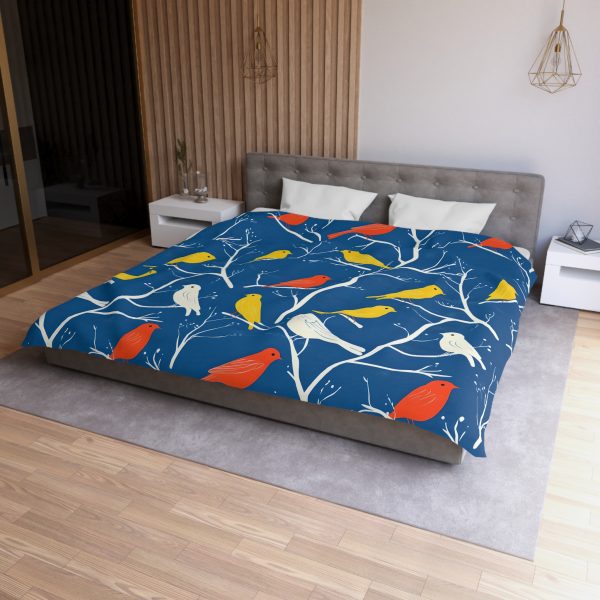 13877351924167758102_2048.jpeg Mid-Century Modern Vintage Bird Illustration on Blue Background - Yellow, Orange, Red Silhouettes