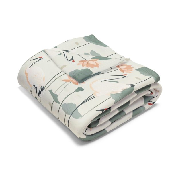 Cranes and Lotus Flowers Soft Fleece Blanket - Indian Folk Art Inspired Home Decor Throw