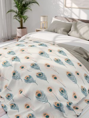 Indian Art Inspired Peacock Feather Fleece Blanket - Soft Teal, Blush, Cream - Home Decor Throw for Sofa or Bed