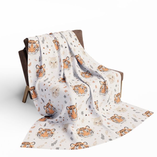 16976247861930817771_2048.jpeg Tiger Motif Fleece Blanket with Indian Geometric Patterns - Soft Orange, Cream, Blush Palette - Elegant and Subtle Design