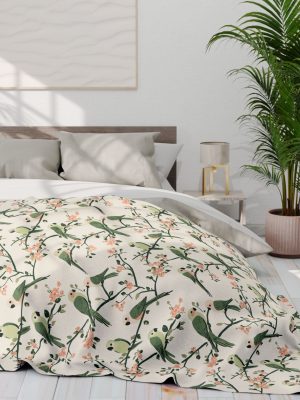 Indian Folk Art Inspired Fleece Blanket - Parrot Design in Soft Green, Pink, Cream - Elegant & Cozy Home Decor