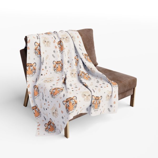 17547400600472646566_2048.jpeg Tiger Motif Fleece Blanket with Indian Geometric Patterns - Soft Orange, Cream, Blush Palette - Elegant and Subtle Design