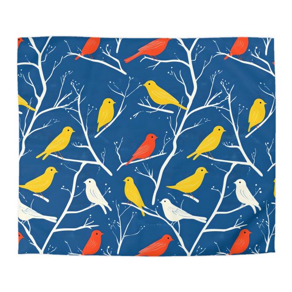 17723074540096269361_2048.jpeg Mid-Century Modern Vintage Bird Illustration on Blue Background - Yellow, Orange, Red Silhouettes