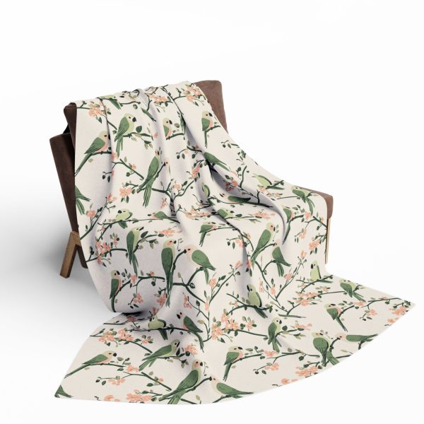 2293432814932164905_2048.jpeg Indian Folk Art Inspired Fleece Blanket - Parrot Design in Soft Green, Pink, Cream - Elegant & Cozy Home Decor