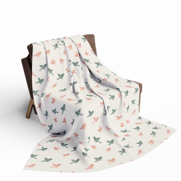Warli Art Inspired Sparrow Fleece Blanket - Cozy Minimal Design in Cream, Soft Pink, Mint - Cultural Sophistication for Sofa or Bed