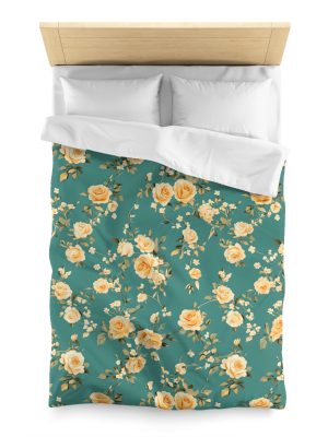 Vintage-Style Floral Microfiber Duvet Cover - Peach & Mustard Roses on Teal - Lightweight & Breathable - Invisible Zipper - Ideal for Indian-Inspired Bedroom Decor & Gifting