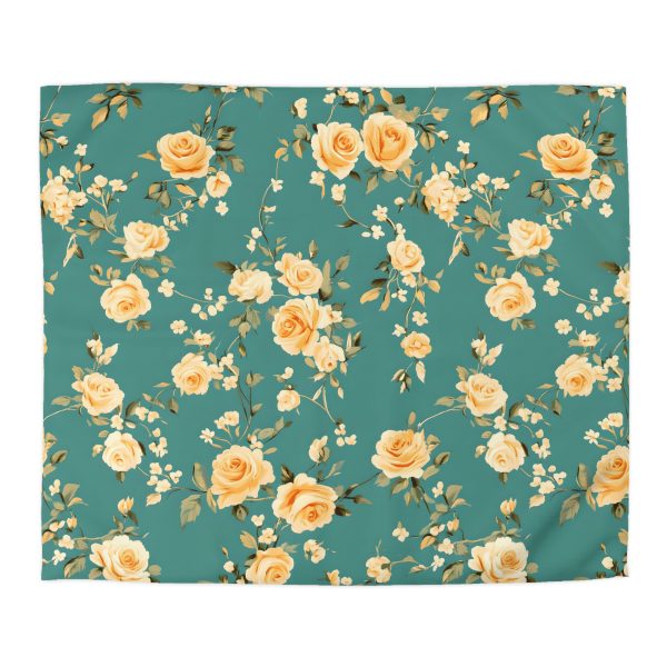Vintage-Style Floral Microfiber Duvet Cover - Peach & Mustard Roses on Teal - Lightweight & Breathable - Invisible Zipper - Ideal for Indian-Inspired Bedroom Decor & Gifting