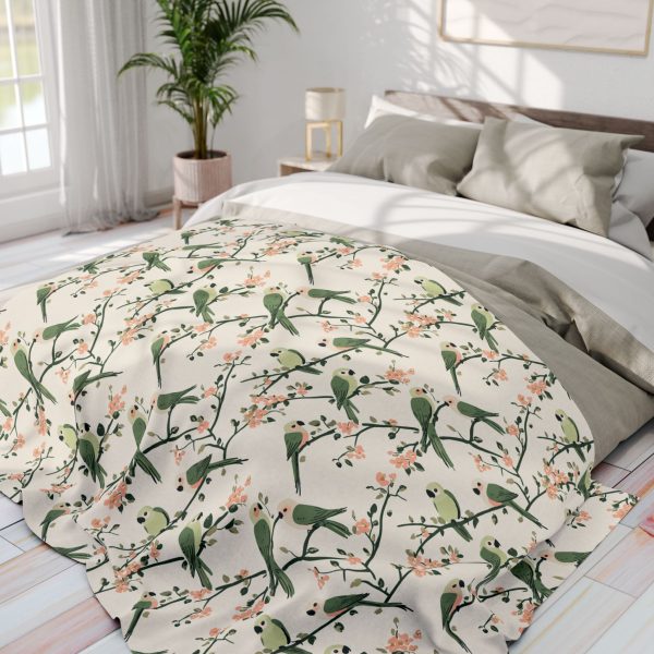 5765158595822843751_2048.jpeg Indian Folk Art Inspired Fleece Blanket - Parrot Design in Soft Green, Pink, Cream - Elegant & Cozy Home Decor