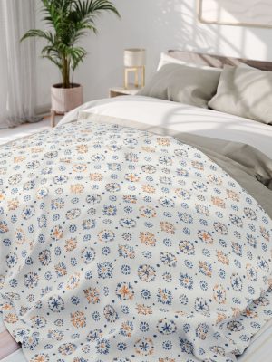 Minimalist Indian Motif Fleece Blanket in Light Blue, Soft Orange, and Cream - Elegant Design Inspired by Madhubani and Warli Art