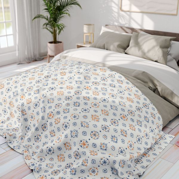 5961205744134724689_2048.jpeg Minimalist Indian Motif Fleece Blanket in Light Blue, Soft Orange, and Cream - Elegant Design Inspired by Madhubani and Warli Art