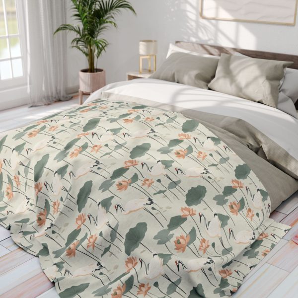Cranes and Lotus Flowers Soft Fleece Blanket - Indian Folk Art Inspired Home Decor Throw