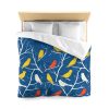 6454645277274579921_2048.jpeg Mid-Century Modern Vintage Bird Illustration on Blue Background - Yellow, Orange, Red Silhouettes