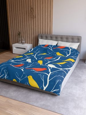 Mid-Century Modern Vintage Bird Illustration on Blue Background - Yellow, Orange, Red Silhouettes