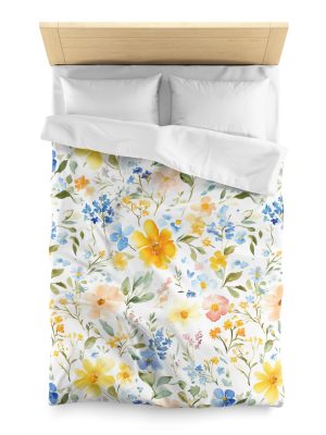Watercolor Floral Microfiber Duvet Cover - Soft Pastel Flowers, Lightweight Breathable Fabric, Invisible Zipper Closure - Perfect for a Serene Indian-Inspired Bedroom Decor