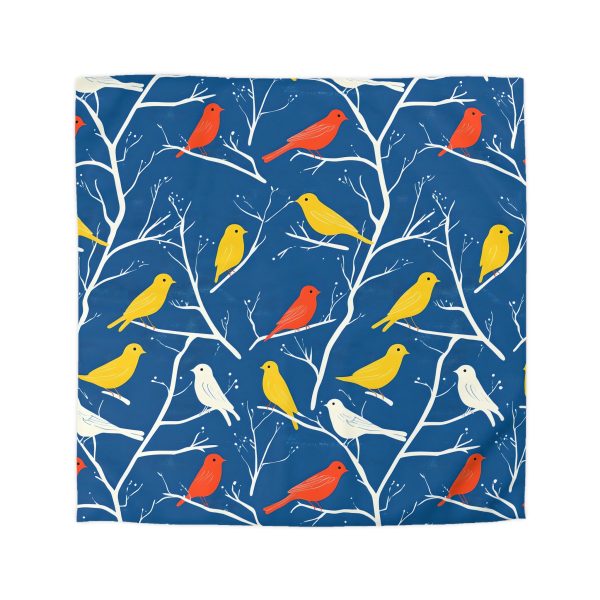 6790061760681455317_2048.jpeg Mid-Century Modern Vintage Bird Illustration on Blue Background - Yellow, Orange, Red Silhouettes