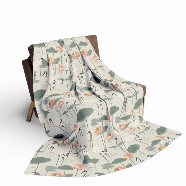 Cranes and Lotus Flowers Soft Fleece Blanket - Indian Folk Art Inspired Home Decor Throw