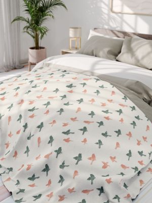 Warli Art Inspired Sparrow Fleece Blanket - Cozy Minimal Design in Cream, Soft Pink, Mint - Cultural Sophistication for Sofa or Bed