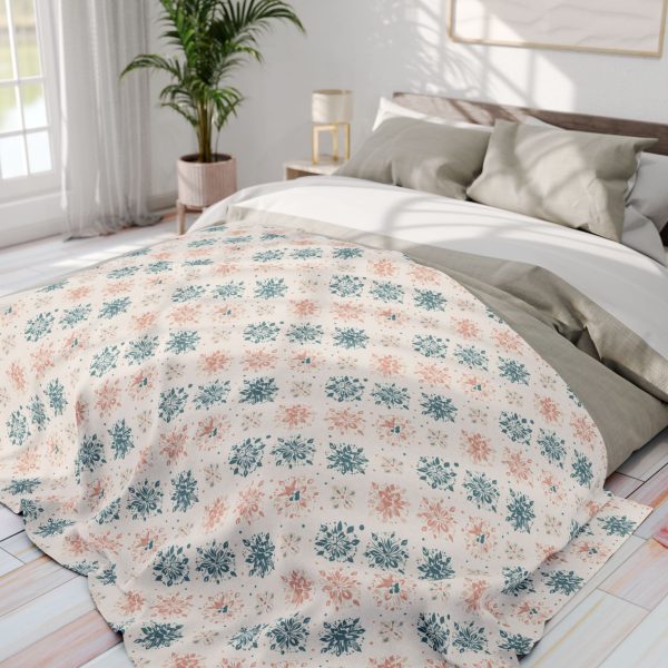 79026327569365520_2048.jpeg Indian Artistry Inspired Cozy Fleece Blanket with Peacock Motifs and Mandala Fragments | Minimalist Design in Pastel Palette - Decorative and Comforting Layer