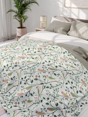 Indian Folk Art Inspired Fleece Blanket - Parrot Design in Soft Green, Pink, and Cream - Decorative & Cozy Home Accent Piece