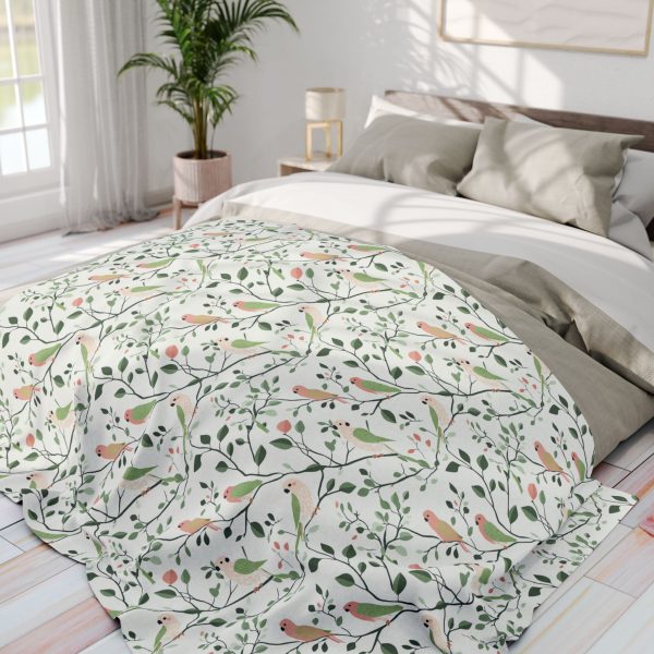 9129940349570724331_2048.jpeg Indian Folk Art Inspired Fleece Blanket - Parrot Design in Soft Green, Pink, and Cream - Decorative & Cozy Home Accent Piece
