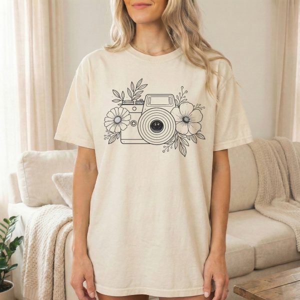 Blooming Passion: Floral Camera Design T-shirt for Photography Lovers