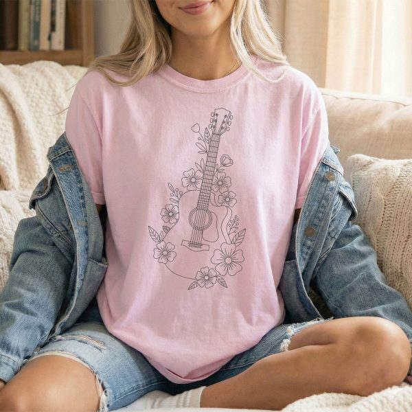Floral Guitar Design T-Shirt - Ideal Gift for Music Lovers