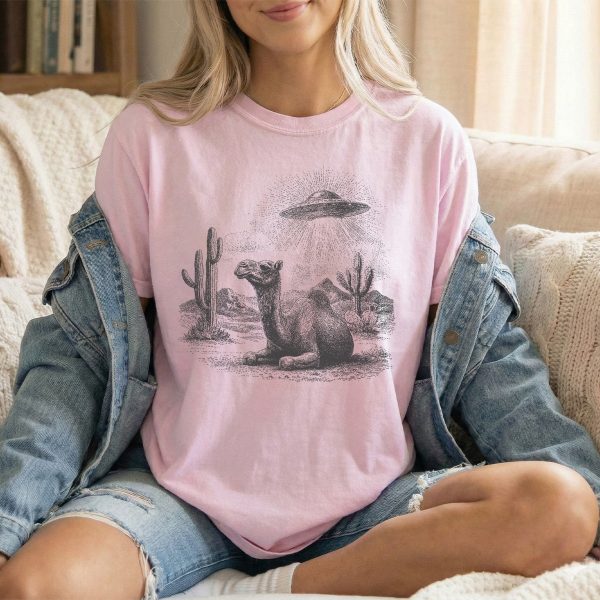 Desert Encounter: Alien UFO and Camel T-Shirt for Sci-Fi Lovers
