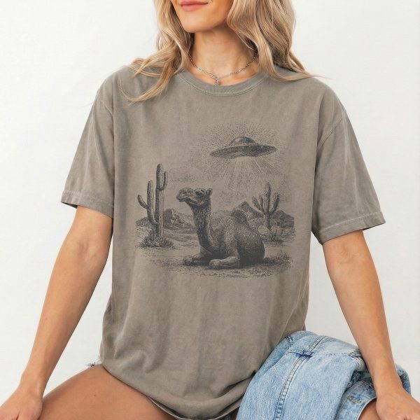 Desert Encounter: Alien UFO and Camel T-Shirt for Sci-Fi Lovers