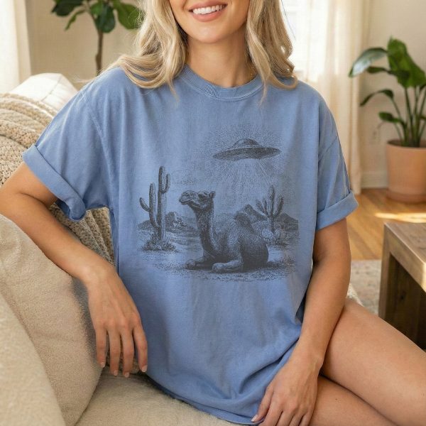 Desert Encounter: Alien UFO and Camel T-Shirt for Sci-Fi Lovers