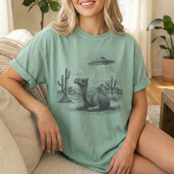 Desert Encounter: Alien UFO and Camel T-Shirt for Sci-Fi Lovers