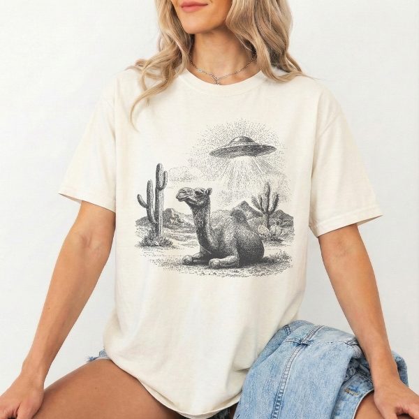 Desert Encounter: Alien UFO and Camel T-Shirt for Sci-Fi Lovers